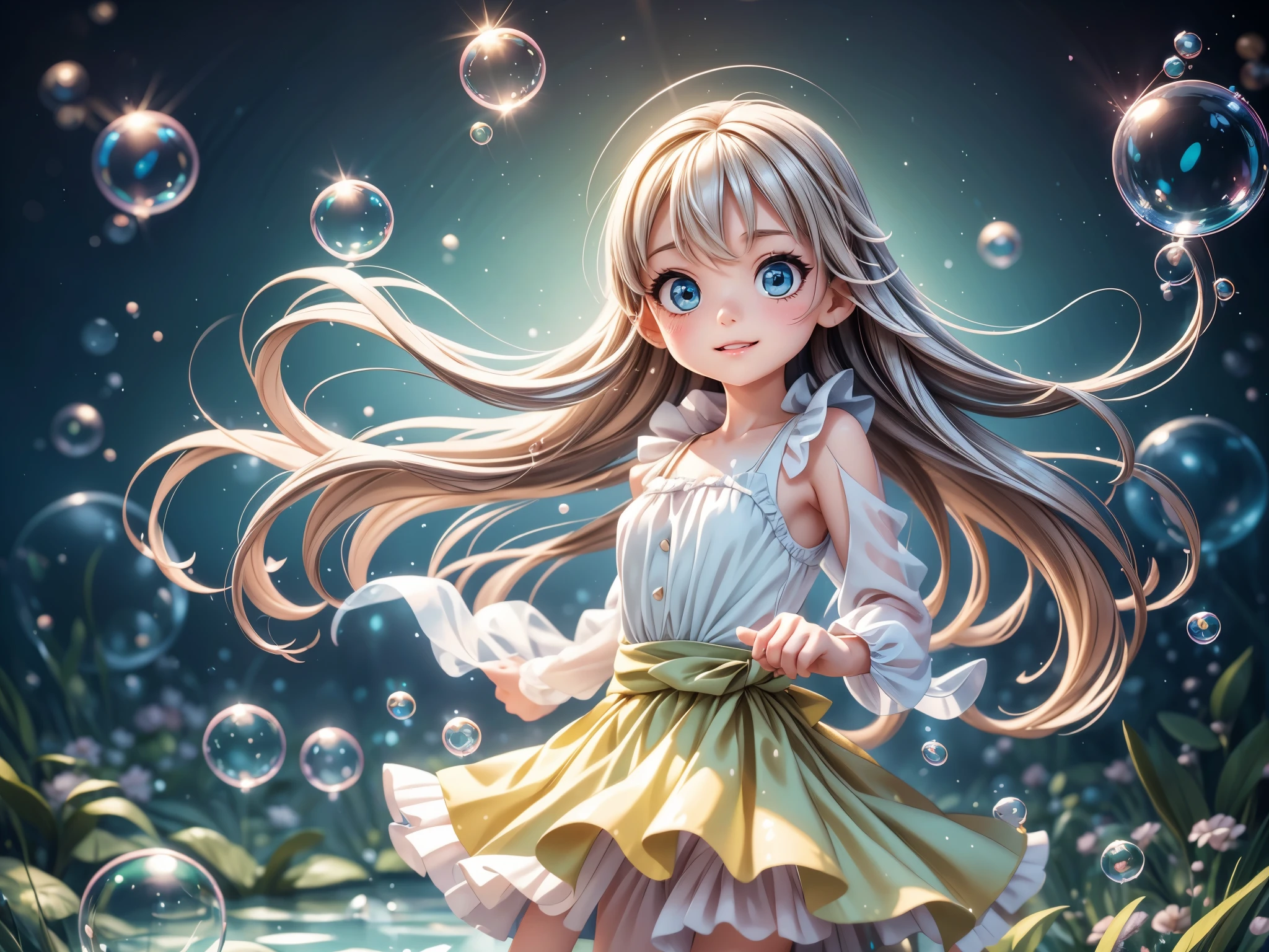 A dancing with soap bubbles,illustration,Soft colors,soft light,high resolution,Super detailed,best quality,portrait,fantasy,Charming atmosphere,floating dress,Beautiful and delicate eyes,Flowing long hair,Slender fingers,Dream background,Detailed background,Subtle light,Bubbles,Water Drops,fantasy theme,lively movement, Octane Render