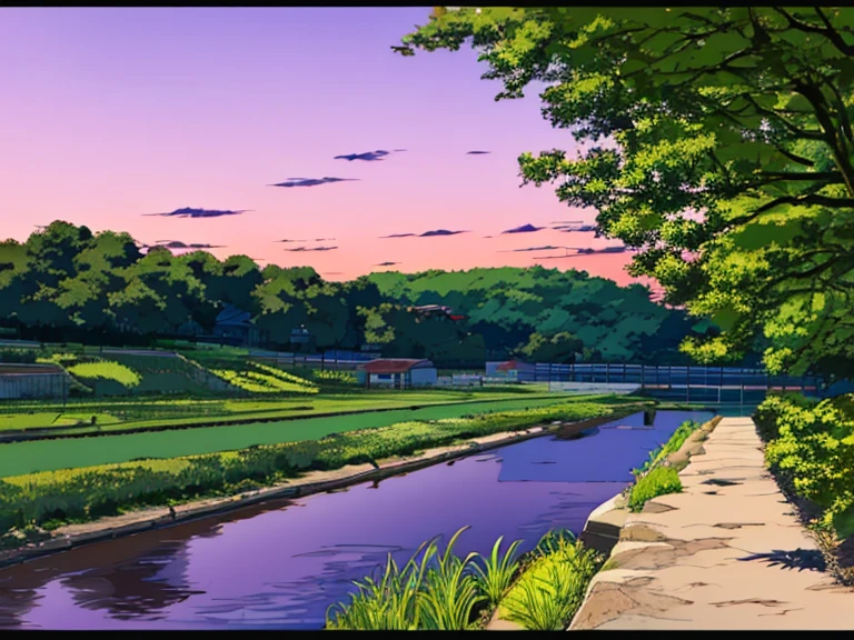 anime style, nature landscape in spring, school in the distance, lilac in the foreground. Muted warm tones