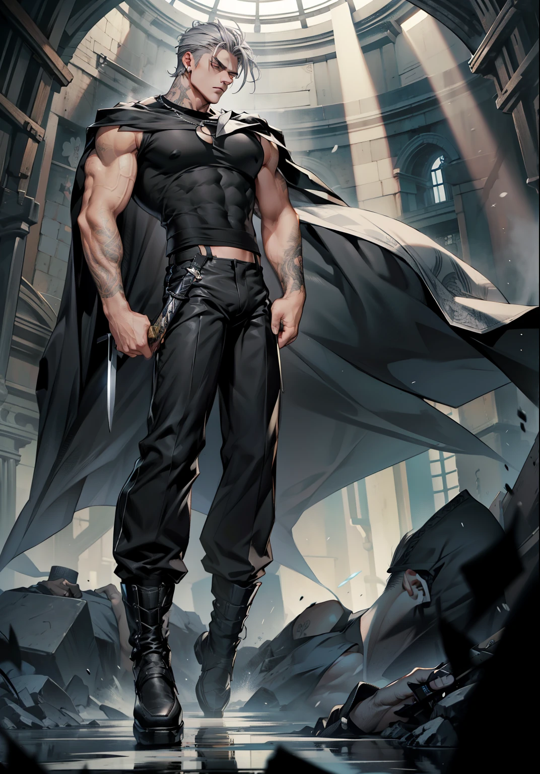 black background,black mist,A handsome tall man floating in the night,He is 28 years old,Thin waist,The pectoral muscles are well developed, He is 175cm tall,Weight 62 kg、yellow-green eyes、brown hair color、short hair、Topless,muscle,The body is slightly covered with transparent black gauze,You can see the body underneath, Countless crows flying in the sky,underwear,Black feather,looking into camera,Evil expression,red eyes,Cult