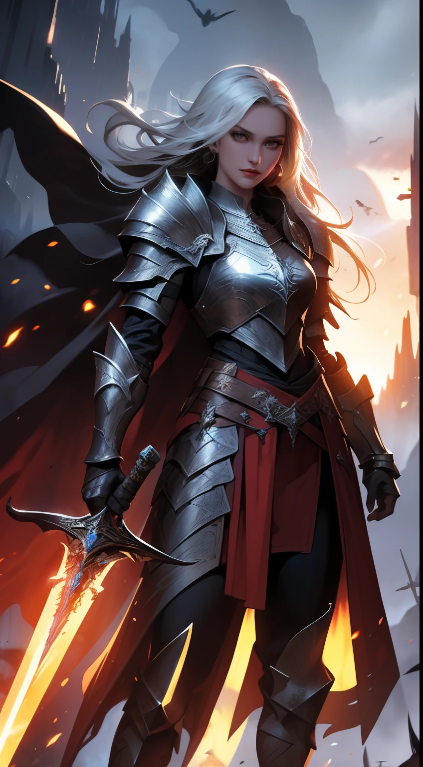 fantasy, epic, movie poster-style illustration, a girl standing in armor, with a dynamic and magical background, featuring prominent and well-designed typography elements,standing, confident, determined, wielding a sword, epic title, magical forest, glowing runes, bold text
