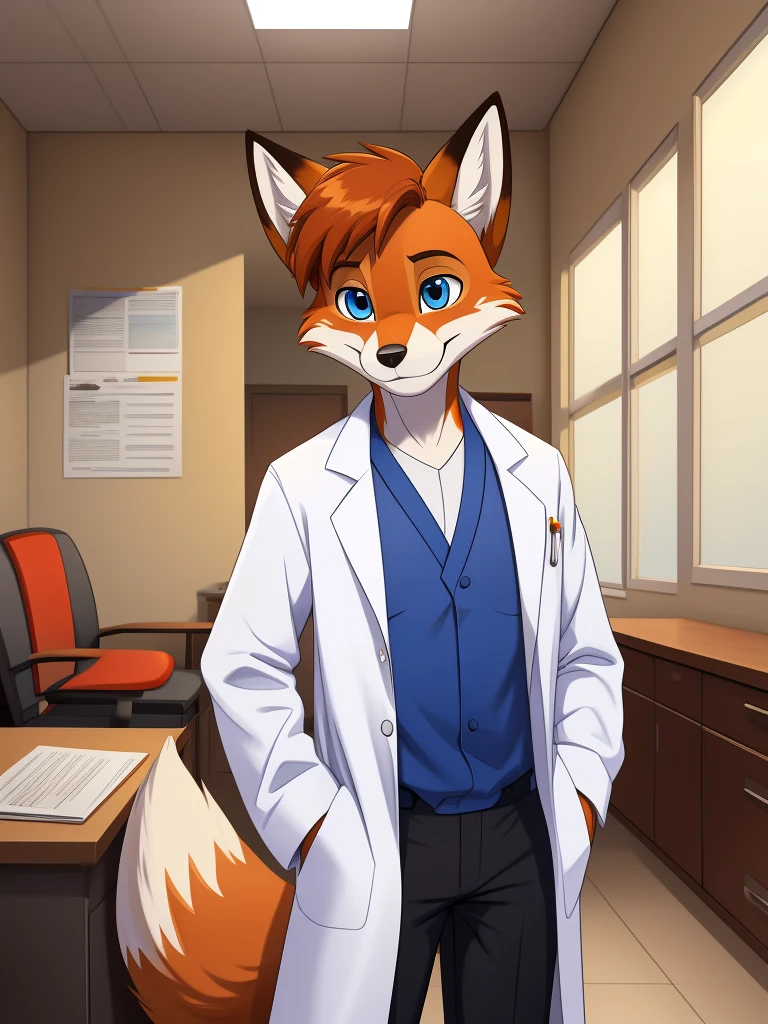 Tod (movie: the fox and the hound), a furry fox, furry, male, red-orange fur, white fur, fox tail, lean, doctor white suit, black trousers, blue shirt indoor, hands in pockets, blue eyes, young guy, youth, alone, single, cartoony, illustration, detailed eyes, sharp focus, smooth colors, smooth lining, doctor's office, desk