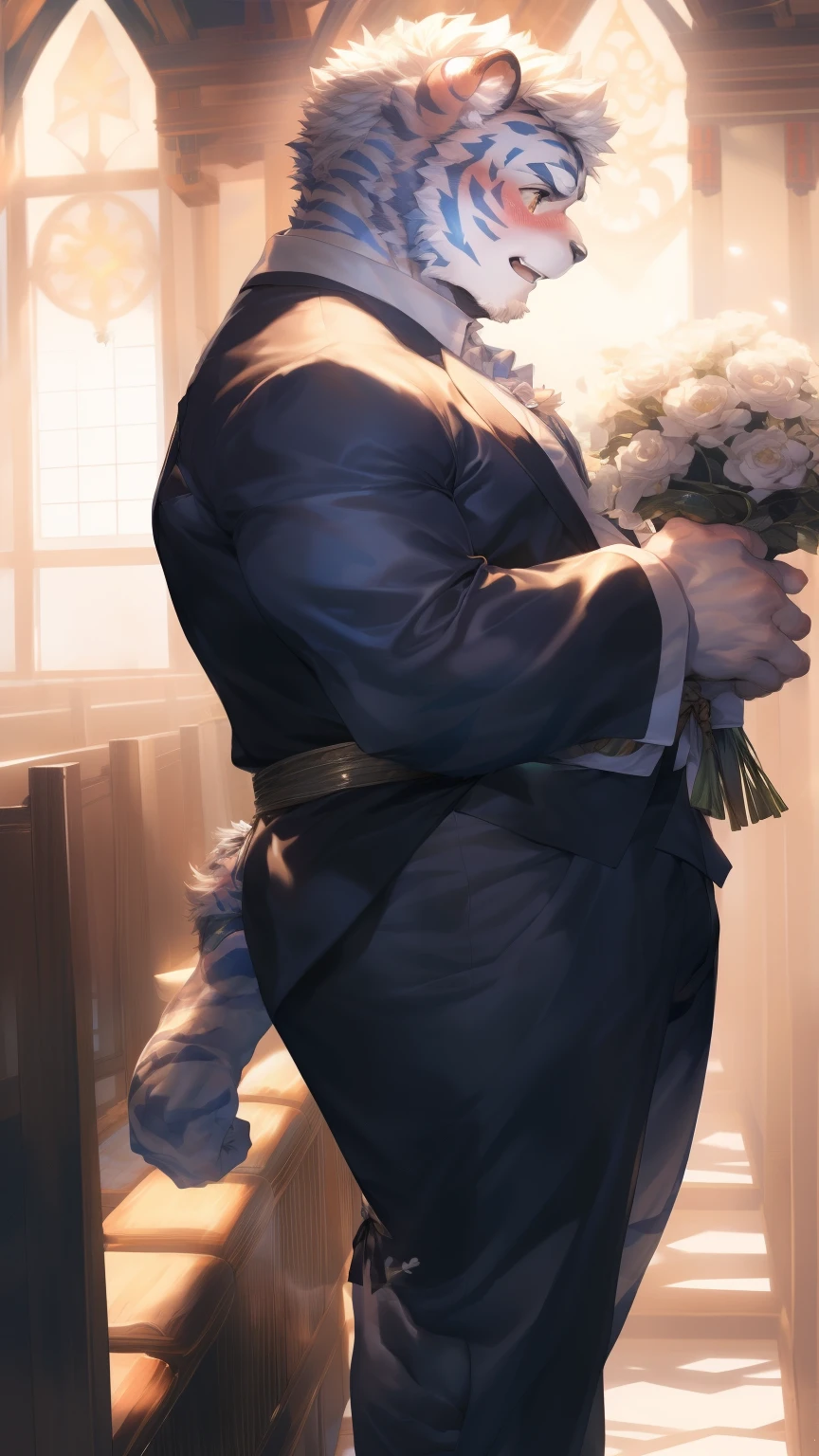 (through empty ghost, From thebigslick, through dark gems, Will chase), Keyuan Tower (Onmyoji Daisenji Temple), High quality photos, Perfect anatomical structure, Anthropomorphic white tiger, Men, 26 years old, thick eyebrows, (short hair:1.5), Light blue stripes, tall, strong, bridegroom, White shirt, Black suit suit, Open neckline, Small bump, Holding a bouquet of white flowers, 站在church门口, A shallow laugh, Shy expression, blush, Golden pupils, Looking at the audience, Clear facial features, strong, Solitary, solo, Side View, Full body image, church, White Dove, Correct gestures