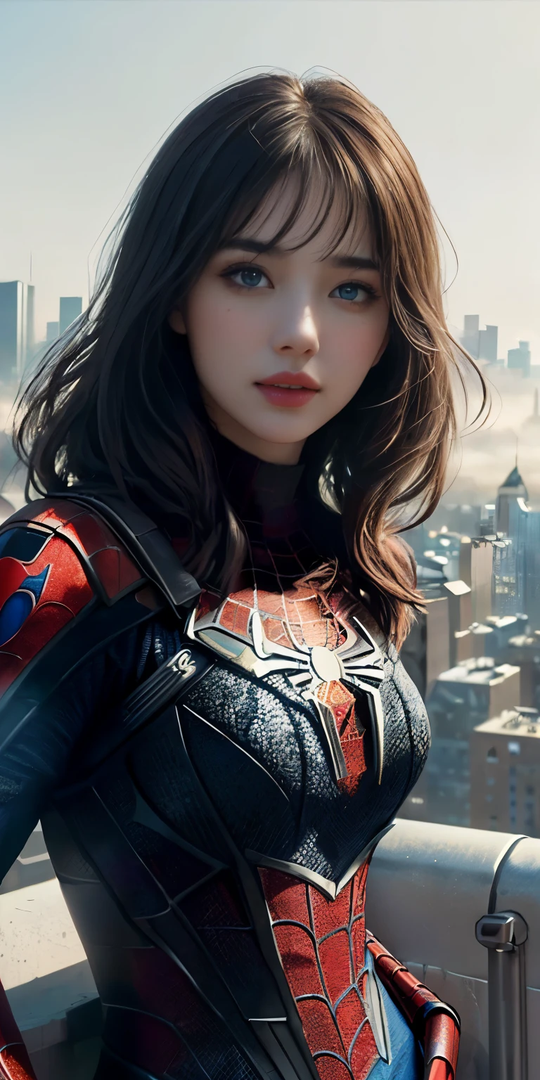 (1girl:1.3), Solo, (((Very detailed face)))), ((Very detailed eyes and face)))), Beautiful detail eyes, Body parts__, Official art, Unified 8k wallpaper, Super detailed, beautiful and beautiful, beautiful, masterpiece, best quality, original, masterpiece, super fine photo, best quality, super high resolution, realistic realism, sunlight, full body portrait, amazing beauty, dynamic pose, delicate face, vibrant eyes, (from the front), She wears Spider-Man suit, red and black color scheme, spider, very detailed city roof background, rooftop, overlooking the city, detailed face, detailed complex busy background, messy, gorgeous, milky white, highly detailed skin, realistic skin details, visible pores, clear focus, volumetric fog, 8k uhd, DSLR, high quality, film grain, fair skin, photo realism, lomography, futuristic dystopian megalopolis, translucent