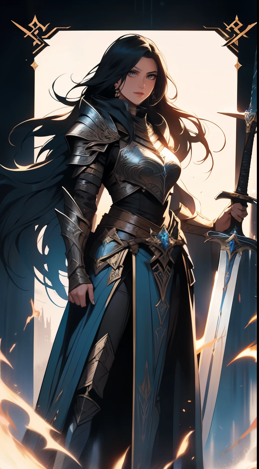 fantasy, epic, movie poster-style illustration, a girl standing in armor, with a dynamic and magical background, featuring prominent and well-designed typography elements,standing, confident, determined, wielding a sword, epic title, magical forest, glowing runes, bold text
