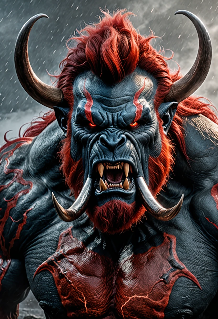 beast man face, fierce, agressive, HDR, 4k, ultra realistic, ultra detailed, in the mist, mastodonte, mammut, red smoke, lightnings