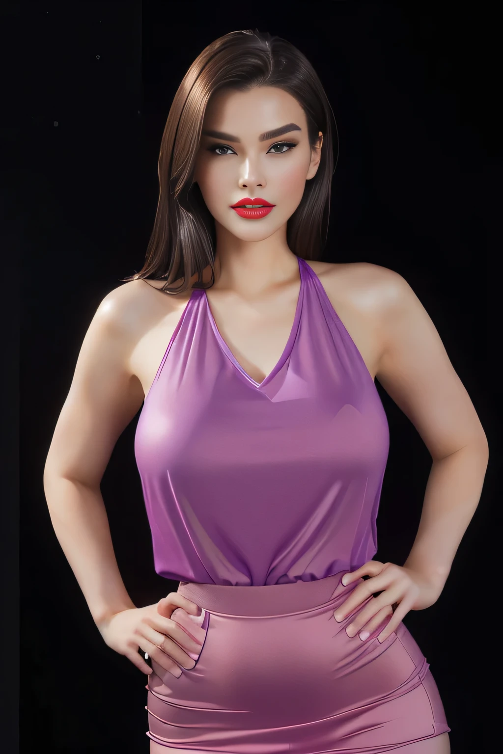 The image shows a woman standing against a black background. She is wearing a purple sports top and has her arms crossed in front of her. Her expression appears neutral and she is looking directly at the camera. The lighting on her face suggests an indoor environment with artificial lighting. There are no visible texts or distinguishing marks that provide additional context about the location or time. She is about 42 years old, 1.62 tall, 60 kg, best quality, perfect face, perfect mouth, perfect hands, is standing, (full body) her slightly plump and red lips look like a delicate flower. Slim body, slim waist. Her body exudes glamor and her face is the definition of beauty. Highly realistic, reddish skin, beautiful and slightly plump lips, pink lipstick, feeling of lightness and joy, hyper-realism, very elaborate skin. Sharp photo, high quality, high resolution (ultra quality masterpiece), Ultra HD, high contrast, 16K. Masterpiece: 1.3, high resolution, (photographically realistic), 8k, NUDE, NUDITY, NFSW.