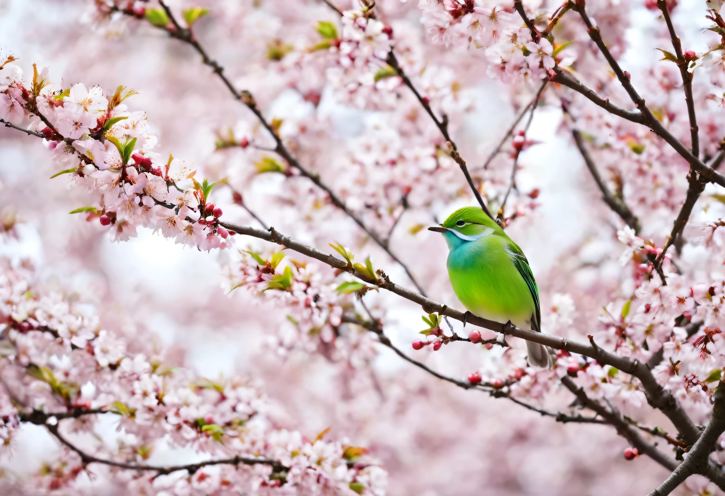 There is a small bird sitting on a tree branch, a photo by Ikuo Hirayama, Trending on Pixabay, creation, birds on cherry tree, haruno sakura, Beautiful Nature, Non-Dual God of Spring, pink、white、green, spring theme, Nature Photography, sakura season, Multicolored birds