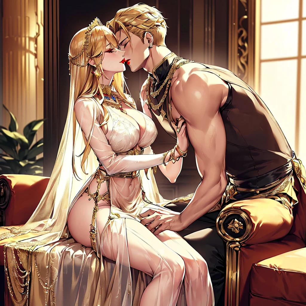 ((highest quality)), ((masterpiece)), (detailed), Perfect Face、（Yuuki Asuna）、(The woman has bright blonde hair)、((The woman sits close to the man in a large, luxurious chair, their bodies pressed together. The man embraces the woman and caresses her while they share a deep kiss. The woman leans closer to the man and they share a deep kiss.))、((The woman is wearing a long slit see-through dress with gorgeous gold embroidery, shiny gold boots, and gorgeous jewelry accessories such as jeweled earrings, necklaces, bracelets, and waist chains. She is also wearing a gold see-through skirt with an open front.、A beautiful golden see-through cape with a gorgeous headdress chain))、、Men and women with gorgeous engagement rings、((The woman is wearing heavy makeup, including bright red lipstick and dark eyeshadow.))、The man gently strokes the woman&#39;s head with one hand.、The man is dressed luxuriously、((The man has a strong body and a big dick and balls))、(Woman looks happy）、(((The man is not wearing lipstick or makeup.)))、The man looks satisfied、