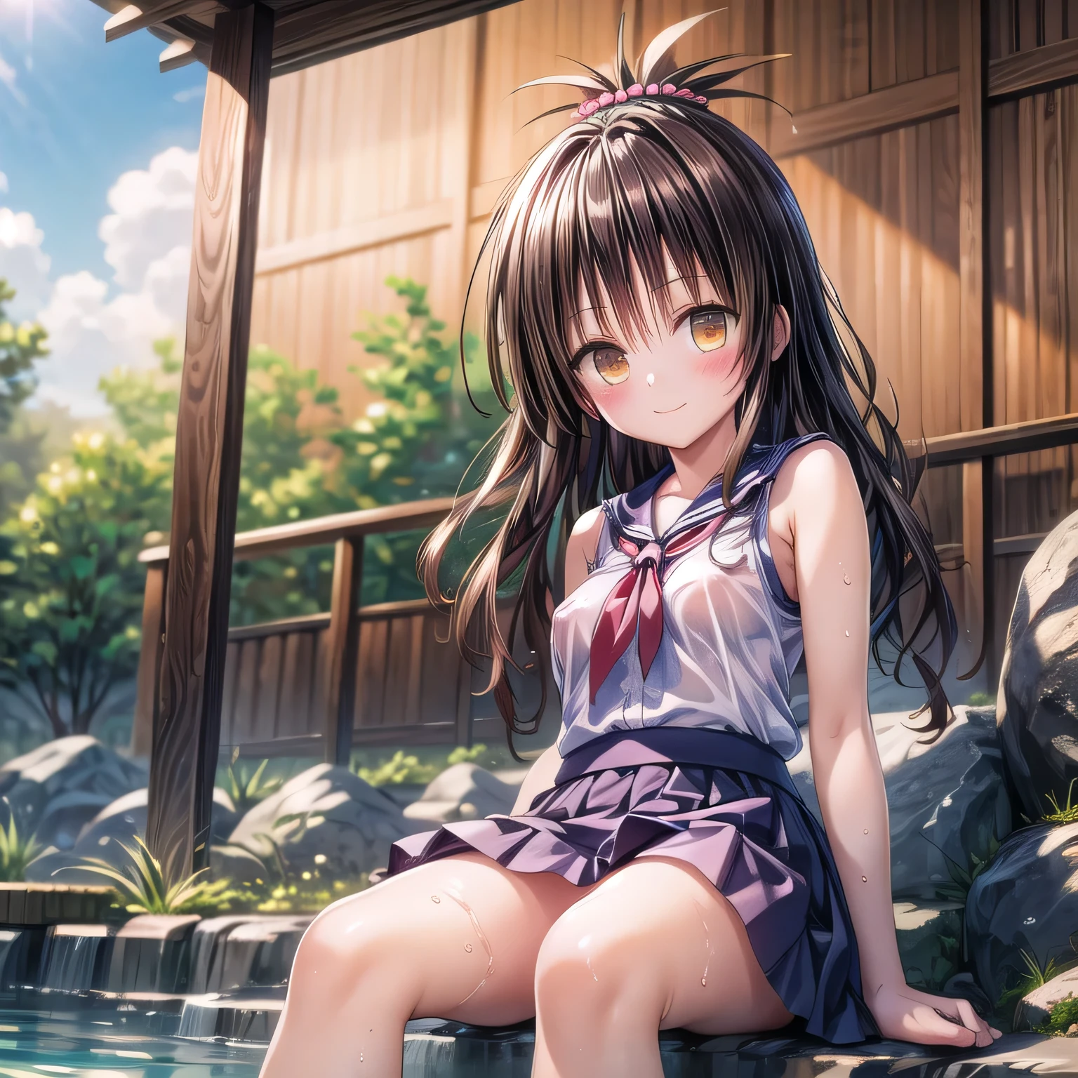 realistically, hair ornament, outdoor, onsen, daytime, lightray, glitter hair, brown eyes, glowing eyes, white short skirt, ultra shot skirt, Blush, daytime, Wet, see through, sleeveless shirt, nipples, panty, armpit, ************, pussy, tricky smile, (((sit with knees raised))), windy, mikan, (((wind blow skirt up))), masterpiece, highest quality, Highest resolution, highest detailed face, perfect hands, perfect anatomy, left hand raised, spread legs,