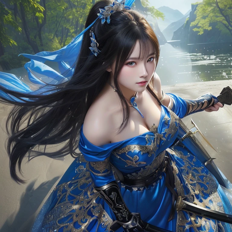 A woman in a blue dress holding a sword in her hand, Beautiful digital art,  Maid,  Beautiful character drawings, , Amazing fantasy art, Beautiful Female Warrior,  Beautiful maiden、8k、RAW Photos、highest quality、Real、Photorealistic、Professional Lighting、mix4、20d、Beautiful Teenage Woman、1 female、Big beautiful eyes、Larger 