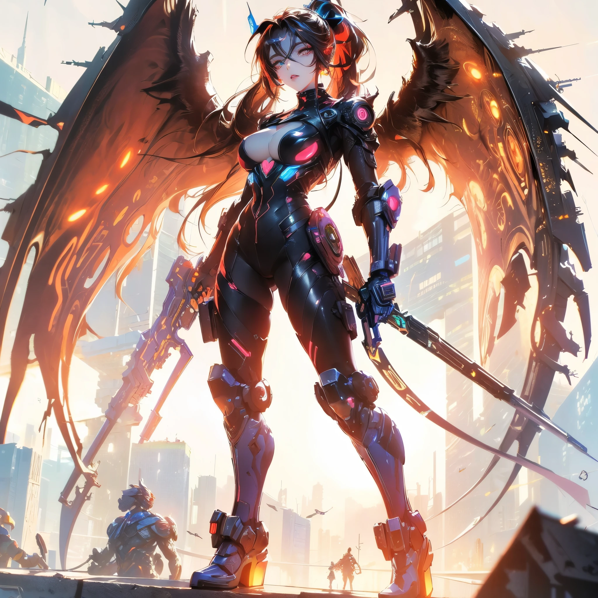 (gorgeous,cute) (cyberpunk woman) (goddess suit,greek outfit) with (perfect glowing eyes,ultra long ponytail) standing in front of a futuristic cityscape. She has an (ultra detailed face) with flawless skin and (ultra detailed wings) that are (giant). The wings are metallic and have intricate patterns and glowing neon lights. The cityscape behind her is filled with (neon lights, skyscrapers), creating a (cyberpunk) atmosphere. The overall (art style) is (futuristic) with vibrant (color tones). The (lighting) is dynamic, casting dramatic shadows and highlighting the details of the character and the environment.