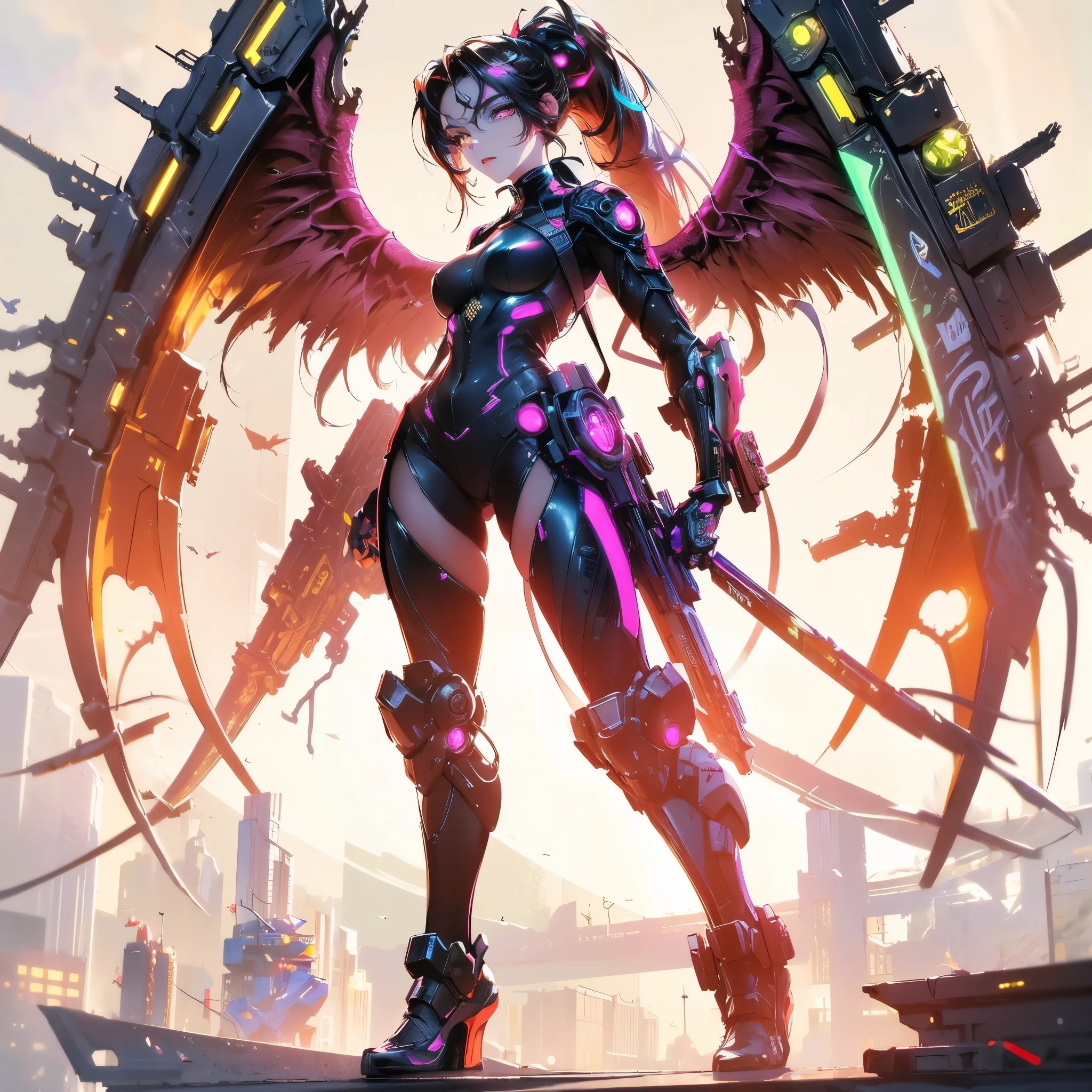 (gorgeous,cute) (cyberpunk woman) (goddess suit,greek outfit) with (perfect glowing eyes,ultra long ponytail) standing in front of a futuristic cityscape. She has an (ultra detailed face) with flawless skin and (ultra detailed wings) that are (giant). The wings are metallic and have intricate patterns and glowing neon  lights. The cityscape behind her is filled with (neon lights, skyscrapers), creating a (cyberpunk) atmosphere. The overall (art style) is (futuristic) with vibrant (color tones). The (lighting) is dynamic, casting dramatic shadows and highlighting the details of the character and the environment.
