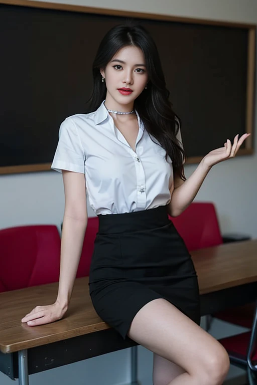 (Masterpiece, best quality, alone, รายละเอียดที่complex, Chromatic aberration), realistic, ((Moderate breath)), hair in one eye,purple eyes, earring, sharp eyes, choker,diamond pendant, (symmetrical eyes),(Perfect symmetrical body),Photo of a beautiful 24 year old girl,(fit the body), Beautiful and charming with contemporary fashion paintings as well......, looking at the audience, ((in the classroom background)), (1 Teen Girl),(black short skirt), (white short sleeve, Form fitting shirt., Unbuttoning the buttons, Revealing a little breast..), ((A short black pencil skirt with a deep slit on the side....)), เข็มscrubน้ำตาล, ((Put your hands down.)),Blue blonde hair, Bob, long hair, Side flatness,round chin, Art lens 85mm, Sharp focus, High resolution 8K, Crazy details, complex, elegant,sitting on the study table Lift one leg to eye level..., The legs are slightly spread apart...,dynamic gesture, Sitting on a table reading a book in a luxury hotel room. Turn your head with your legs open so they are at eye level.. Open your legs and lift your right leg over your left leg., Let it rest naturally at eye level.., แยกขาออกเล็กน้อย dynamic gesture,scrub,Engineer boots

