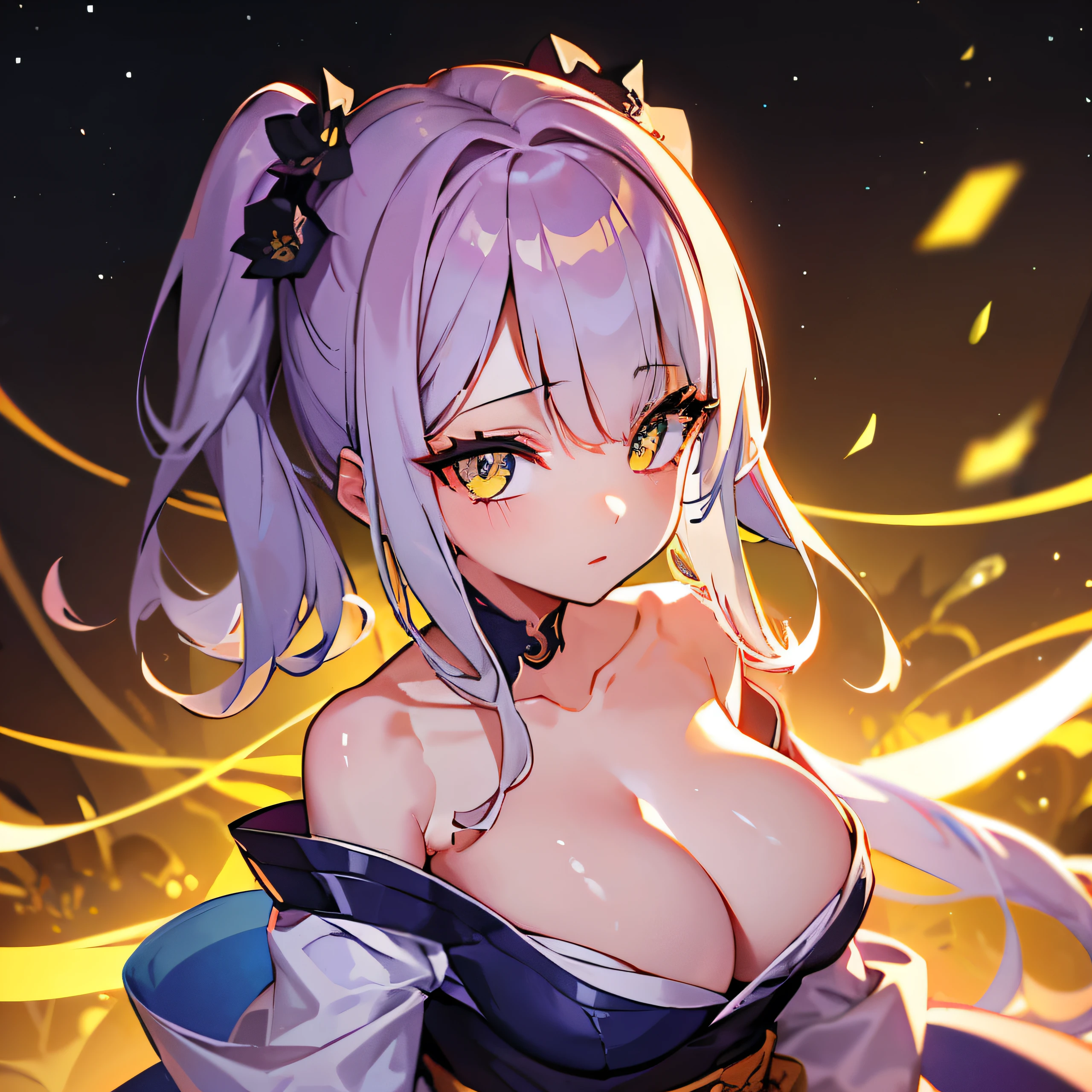 (Very detailed CG Unity 8k wallpaper)、(masterpiece)、(highest quality)、(Very detailed)、(Best illustrations)、(Best Shadow)、alone、One Girl、Yellow Eyes、Big Eyes、Big Breasts、whole body、yukata、evening、whole body、Bright hair color、Messy wavy long hair、Shiny skin、Shiny texture、Night Park
