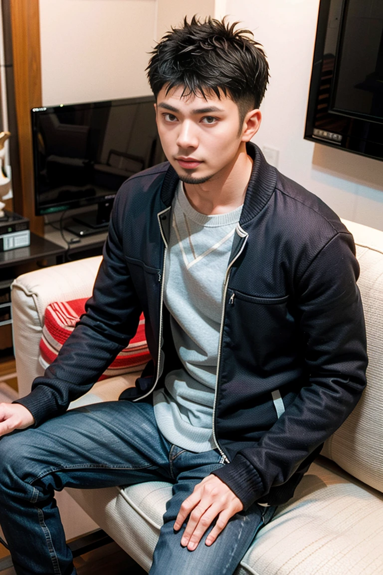 Realistic , Handsome Ryuuji Suguro, black hair ,casual clothes , living room 