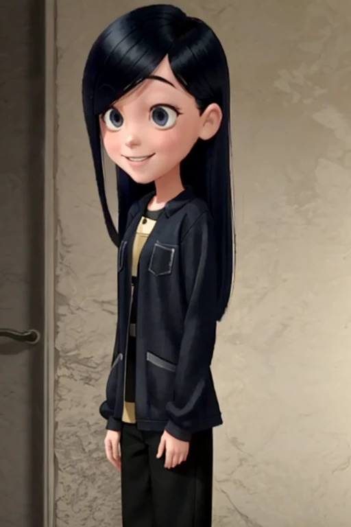 masterpiece,best quality, pixar, full body, 1girl, solo, looking at viewer, long black hair, smile, shy, sfw, front view,