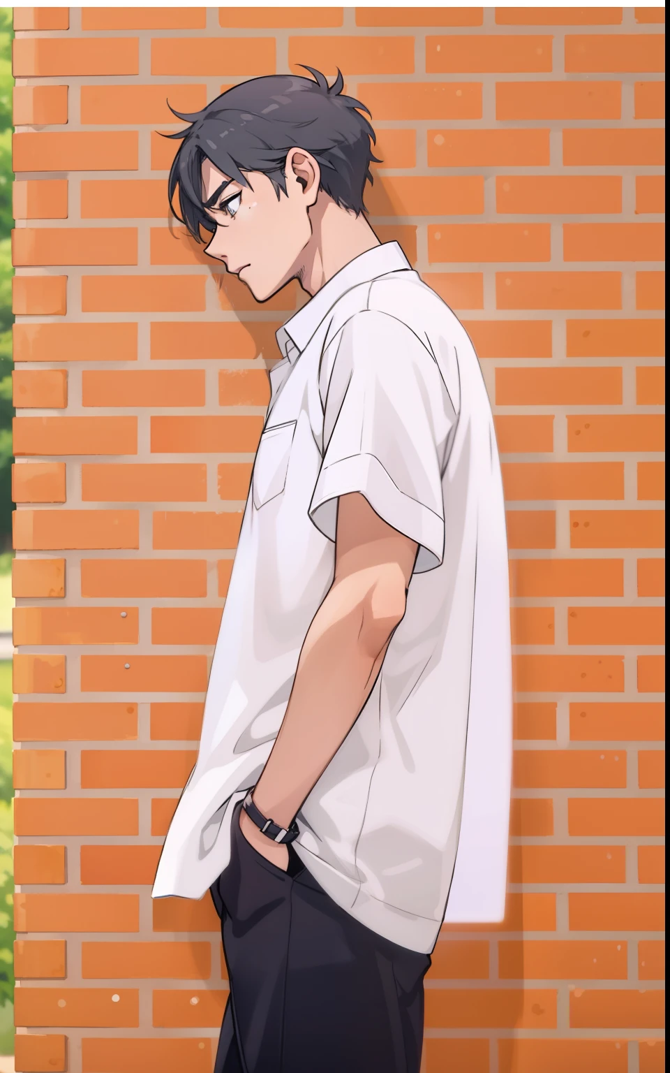 estilo comic anime 2d, cute boy 17 years thoughtful look distracted gray eyes gray hair have white shirt
