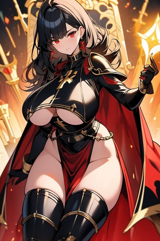 1woman, long sword, plate armor, black hair, red eye, long dress, armored dress, (boobs plate), muscular thighs, thick thighs, Toned, huge , gigantic breasts, long breasts, wide hip, big ass, erect nipples under clothes, frilled dress, mini crown on head, breast plate, skindantation, decorative armor, breasts apart, thighs boots, gold trim armor, drill hair, red cape, long hair, red lips, sexy makeup, holding scepter, scepter of the cross, plump, jewelry, lace trim, front view, open stance, muscular, shiny skin, paladin, red gem earrings, queen, thigh band, goddess armor, gold cross pasties, taut clothes, gold cross on the crotch, shiny clothes, bangs, stall, metallic,