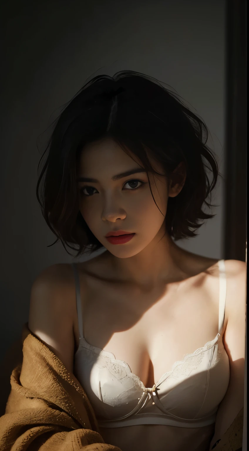 Best quality, masterpiece, ultra high res, (photorealistic:1.5), raw photo, 1girl, offshoulder, in the dark, deep shadow, low key, cold light, sexy look, short hair, underwear