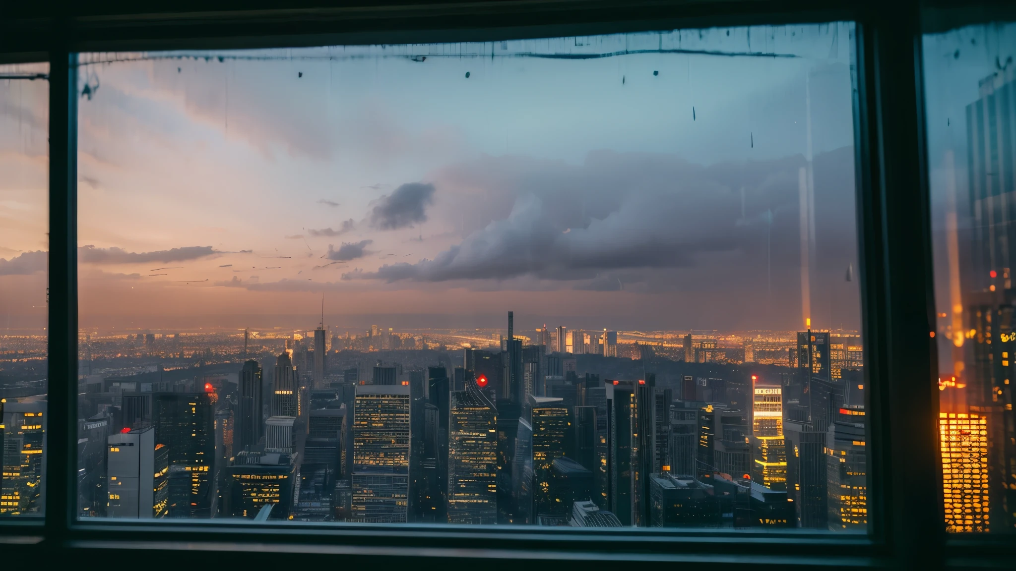 syline of a big city from outside a window, rooftop, sunset, rainy outside,hyber realistic