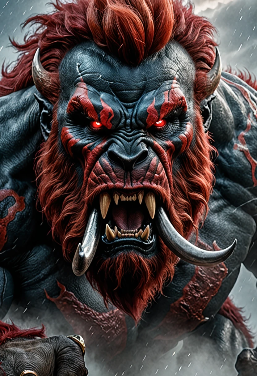 beast man face, fierce, agressive, HDR, 4k, ultra realistic, ultra detailed, in the mist, mastodonte, mammut, red smoke, lightnings