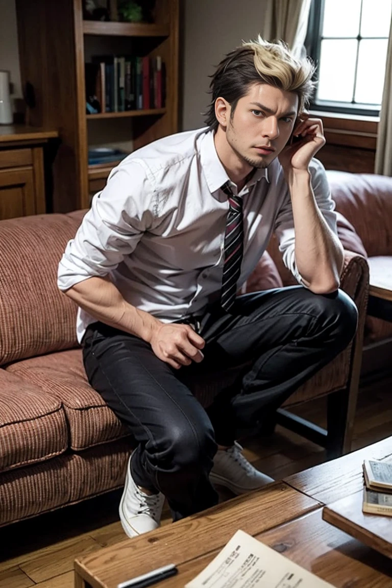 Realistic , Handsome Ryuuji Suguro, black hair ,casual clothes , living room