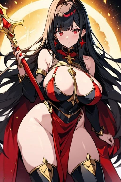1woman, long sword, plate armor, black hair, red eye, long dress, gold armored dress, (boobs plate), muscular thighs, thick thighs, Toned, huge , gigantic breasts, long breasts, wide hip, big ass, erect nipples under clothes, frilled dress, mini crown on head, breast plate, skindantation, decorative armor, breasts apart, thighs boots, gold trim armor, drill hair, red cape, long hair, red lips, sexy makeup, holding scepter, scepter of the cross, plump, jewelry, lace trim, front view, open stance, muscular, shiny skin, paladin, red gem earrings, queen, thigh band, goddess armor, gold cross pasties, taut clothes, gold cross on the crotch, shiny clothes, bangs, stall, metallic,
