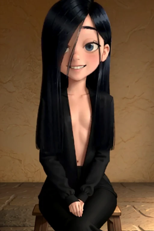 masterpiece,best quality, pixar, full body, 1girl, solo,  looking at viewer, long black hair,  smile, shy,  sfw, sitting, spread legs, nude body,