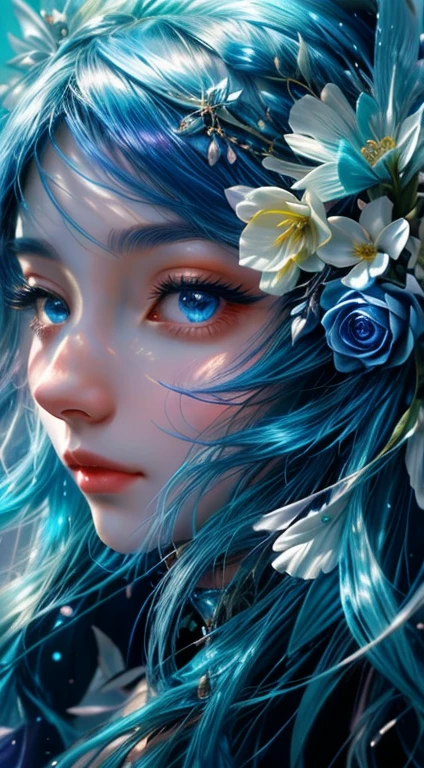 A girl with blue hair and flowers in her hair uma mulher com uma flor no cabelo e uma tia, arte digital de fantasia detalhada, estilo de arte de fantasia, lindo arte digital, retrato bonito da fantasia, Grande arte digital com detalhes, retrato bonito da arte da fantasia, beautiful young wind spirit, arte digital fantasia, arte de fantasia detalhada, bela arte de fantasia, bela arte digital, arte digital fantasia arte, bela fantasia detalhada, bela arte digital