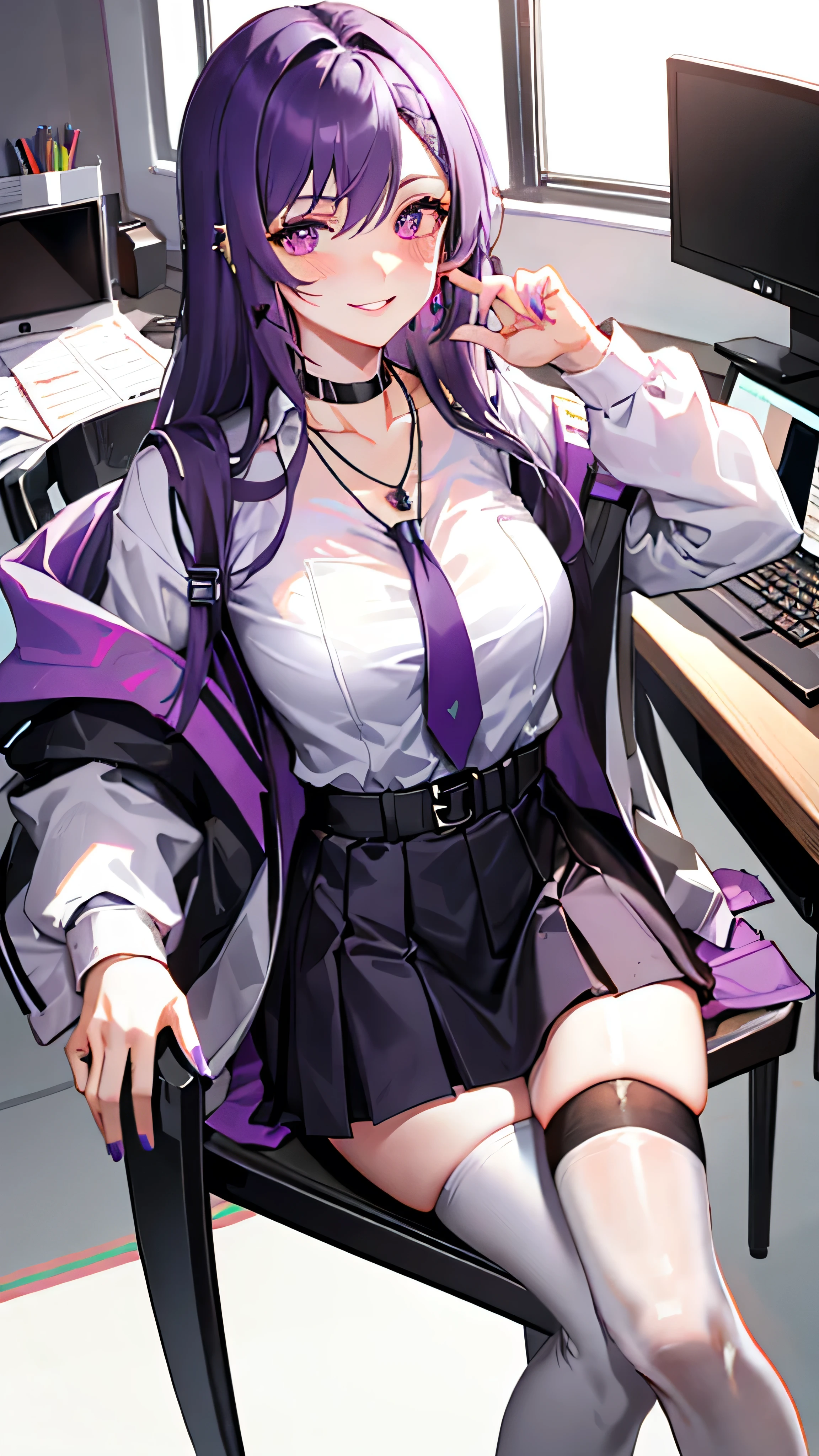 (masterpiece:1.2, best quality), (1lady, solo, upper body:1.2), black hair,purple dip-dye hair An anime-style illustration of Shinobu Kocho from “Demon Slayer”. She is wearing a lab coat and a skirt, sitting in a laboratory. She is using a laptop and looking at the camera with a smile.