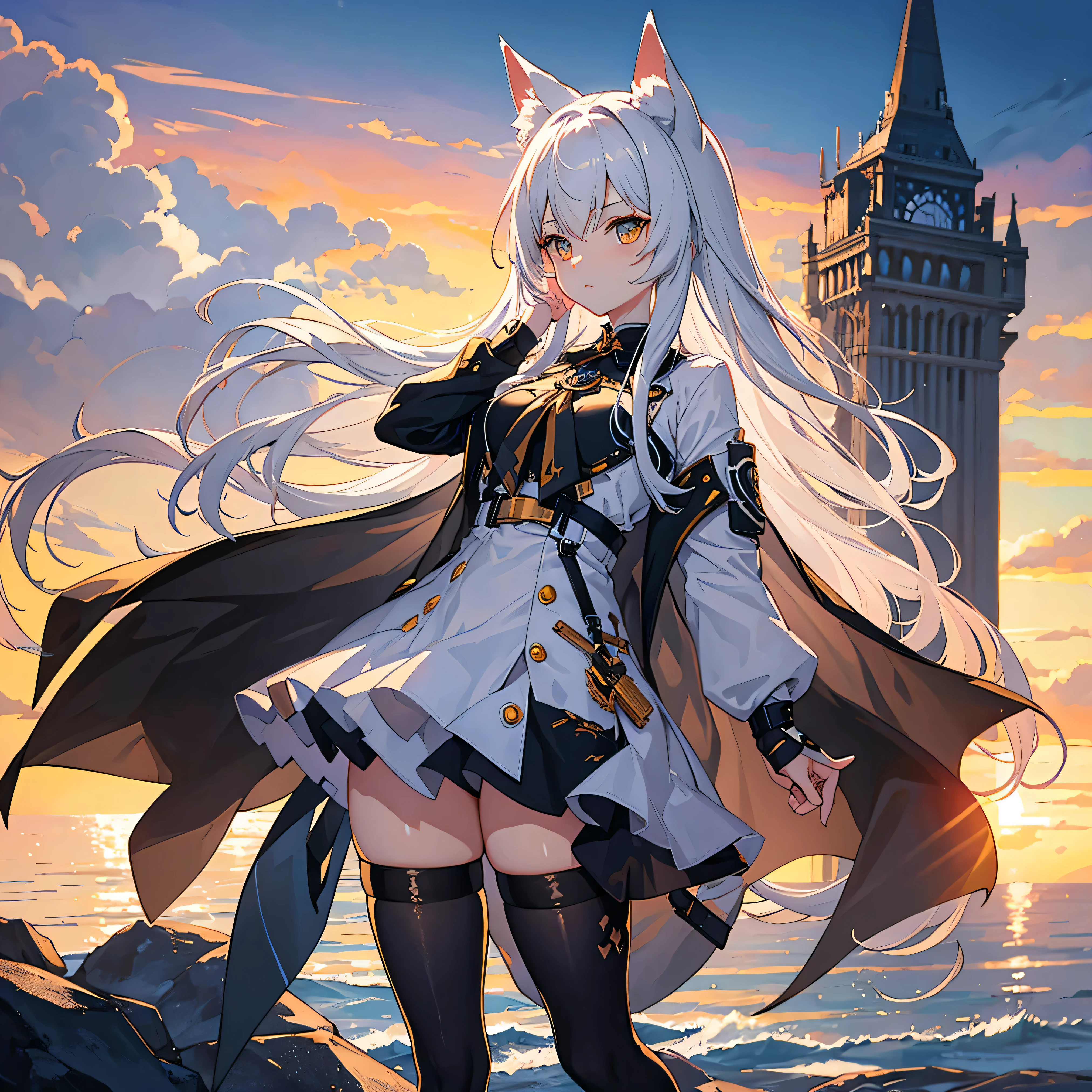 (masterpiece), best quality, expressive eyes, perfect face,masterpiece, best quality, ultra-detailed,from girls frontline, Holo is a wolf girl, girls frontline style, From the night of the ark, cute anime catgirl, anime catgirl, White-haired fox, A wolf girl, White Cat Girl, nekomimi, nyaruko-san,arknight,full body