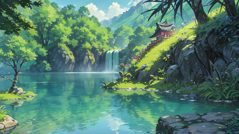China、spring、jungle、lake、Cave,that tree、grassland、rock、please、Hot springs、Water Flow、(Implications:1.0)、Epic creation、Realistic lighting、High definition details、masterpiece、best quality,(Highly detailed CG Unity 8k wallpaper)