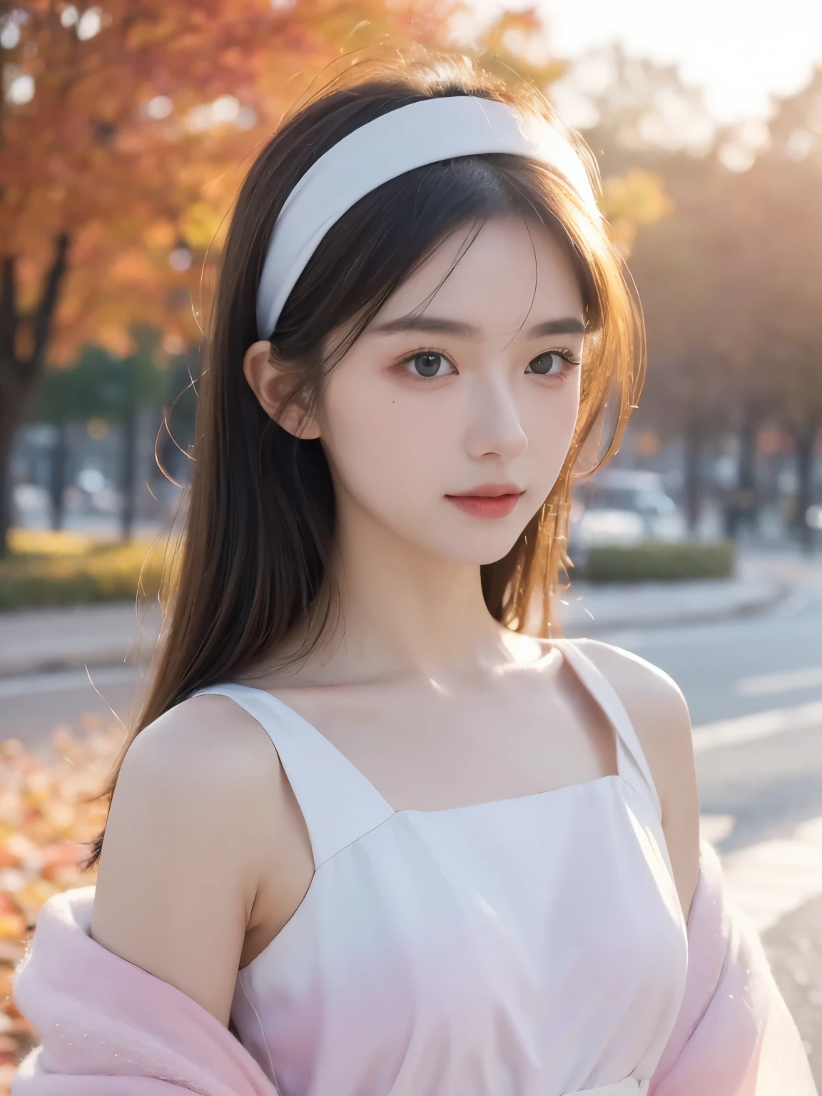(8K, best quality, masterpiece:1.2),(best quality:1.0), (Ultra-high definition:1.0), watercolor, A beautiful woman, b shoulder, Headbands, By Agnes Cecil, shattered, Extremely luminous and bright design, Soft colors, (ink:1.3), Autumn Lights,