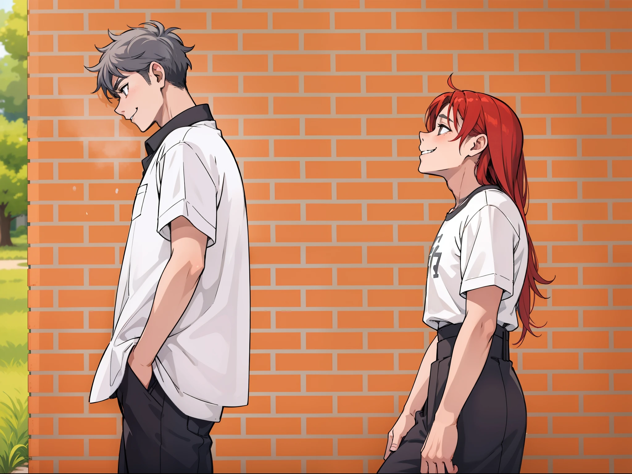 estilo comic anime 2d, cute boy, 17 years old, thoughtful look, distracted, gray eyes, gray hair, they have a white shirt, a girl approaches him from behind, she has a malicious look, she smiles with mischief, mischief