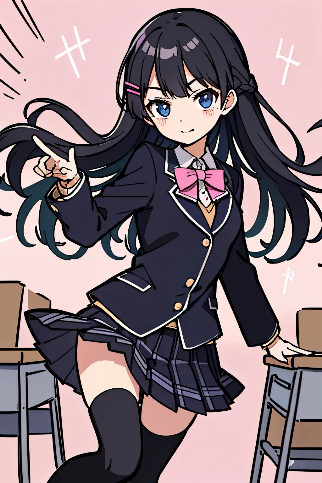 best quality, masterpiece, tsukino mito, long hair, black hair, blazer, black jacket, hairclip, hair ornament, white thighhighs, bangs, pleated skirt, pink bow, , long sleeves, collared shirt, white shirt, blue eyes, plaid skirt, black skirt, (wind blow up the skirt:1.2), in classroom at evening