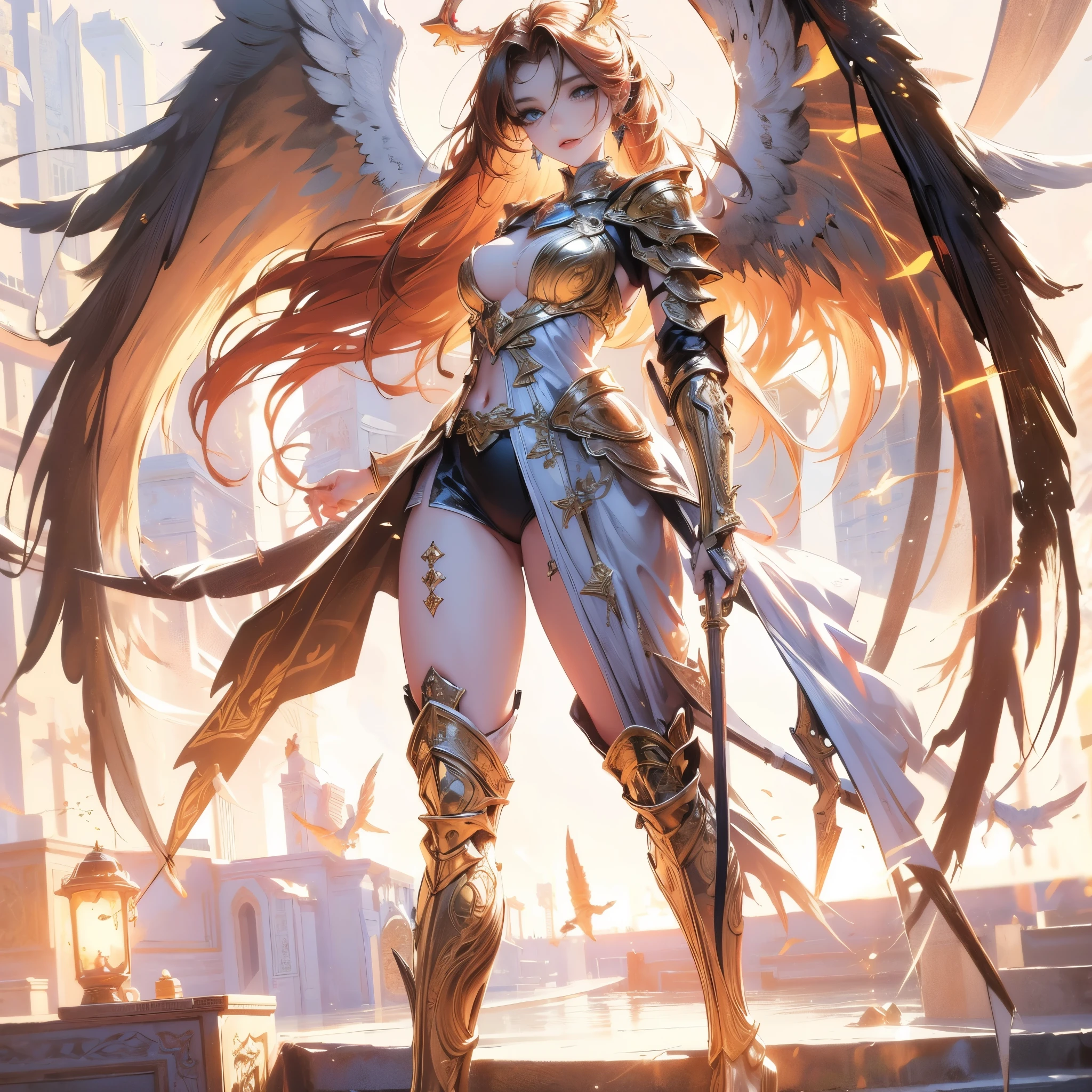 (best quality,4k,8k,highres,masterpiece:1.2),ultra-detailed, gorgeous woman,cute woman,(beautiful,extremely detailed:1.1) eyes,(beautiful,extremely detailed:1.1) lips,simple armor,angelic neon wings,shining halo,vibrant colors,soft light,portrait,sharp focus,smooth skin,long flowing hair,dainty features,confident pose,heavenly background,fantasy setting
