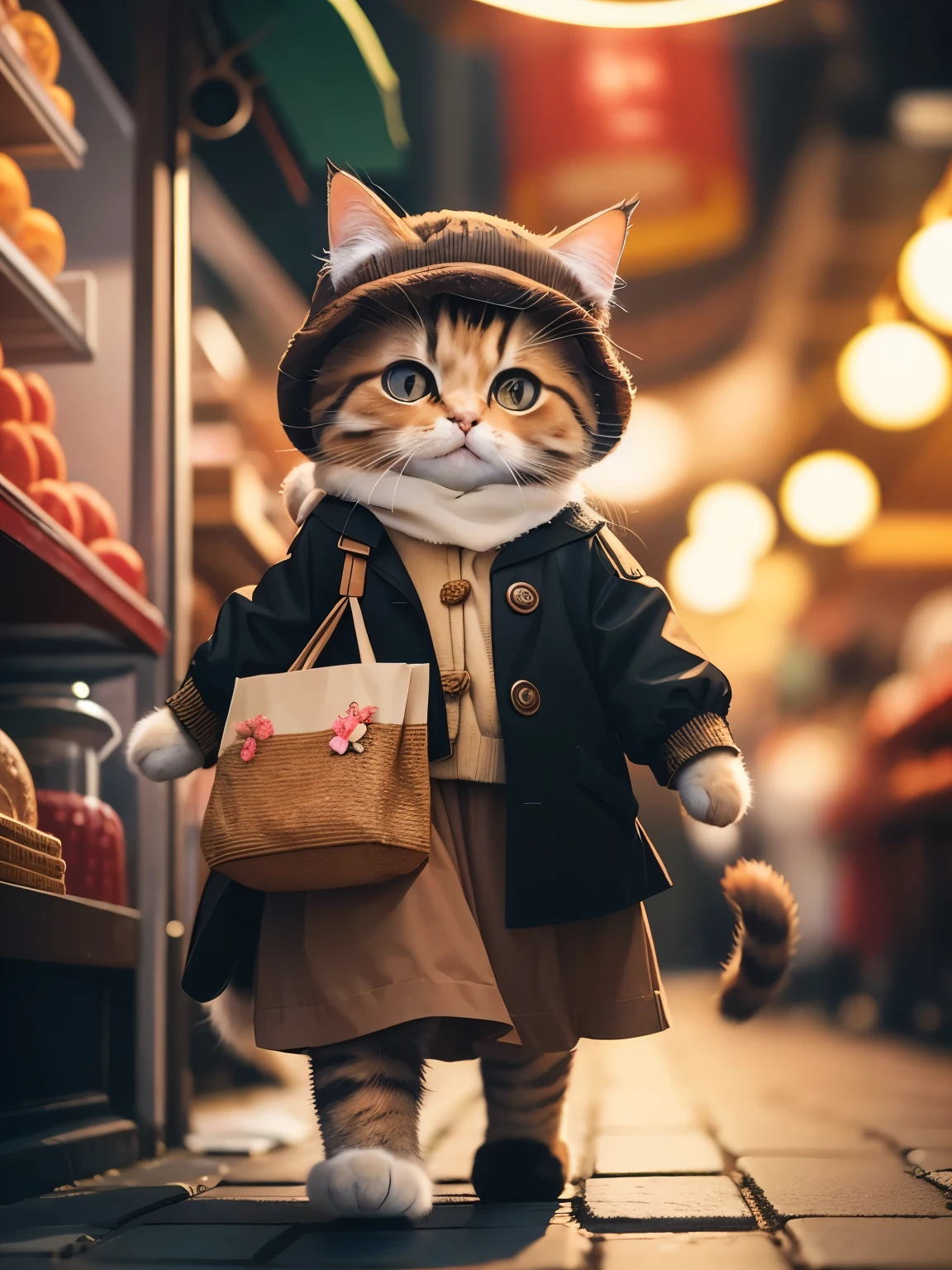Fluffy brown cat, Highly detailed cat and fur, Wearing a retro polka dot skirt,Dark brown long winter coat, Roaming the Chinese market, highly detailed image, Kodak 400, atmospheric light, 50mm lens, (Cat's detailed eyes and features) Realistic cats, 8K