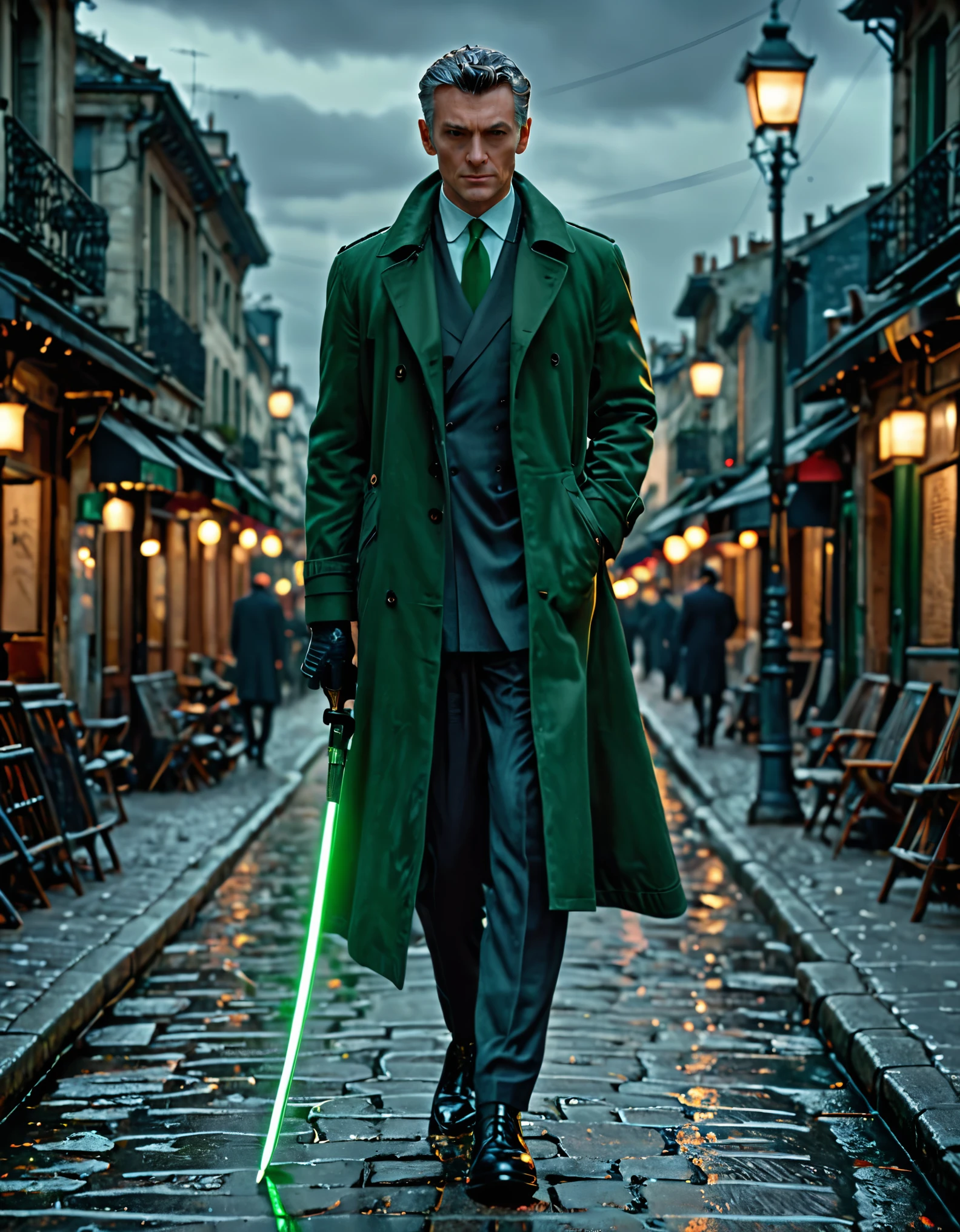 masterpiece, best quality, hyper detailed, ultra detailed, 1man, solo, solo focus, arafed french man in a coat, (using katana), tall body, middle-aged man, professional, relaxed but determined, serious but cool, he's a hitman in peacoat, he is wearing a green trenchcoat, darkgreen suit and tie, slacks, black dress shoes, full body and head shot, full body shoot, full-body-shot, fullbody shot, dock, paris, night backdrop, film noire atmosphere, reddish grey hair, green eyes, hair over one eye, secret agent, spy, midnight, noir lighting, hand.