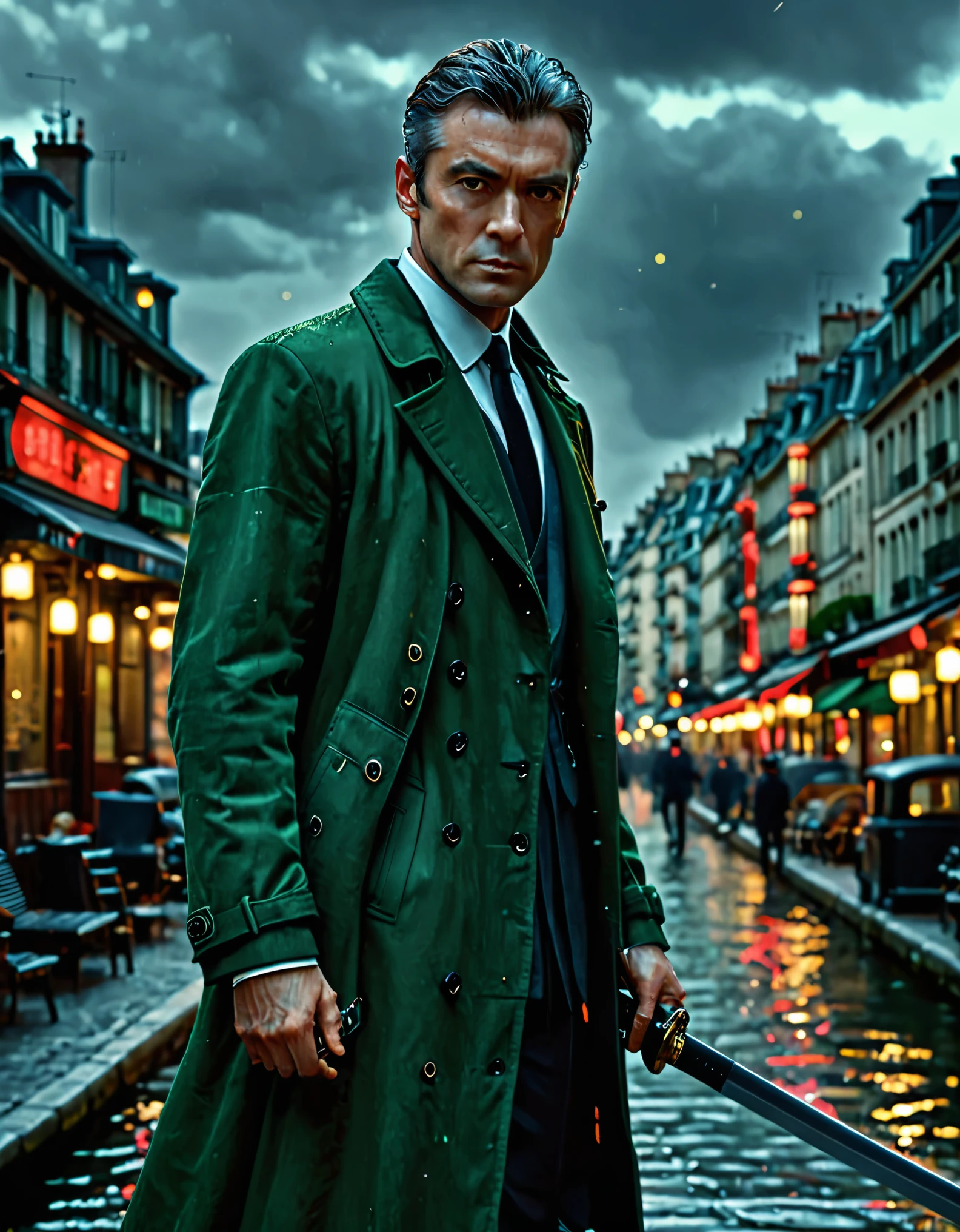 masterpiece, best quality, hyper detailed, ultra detailed, 1man, solo, solo focus, arafed french man in a coat, (using katana), tall body, middle-aged man, professional, relaxed but determined, serious but cool, he's a hitman in peacoat, he is wearing a green trenchcoat, darkgreen suit and tie, slacks, black dress shoes, full body and head shot, full body shoot, full-body-shot, fullbody shot, dock, paris, night backdrop, film noire atmosphere, reddish grey hair, green eyes, hair over one eye, secret agent, spy, midnight, noir lighting, hand.