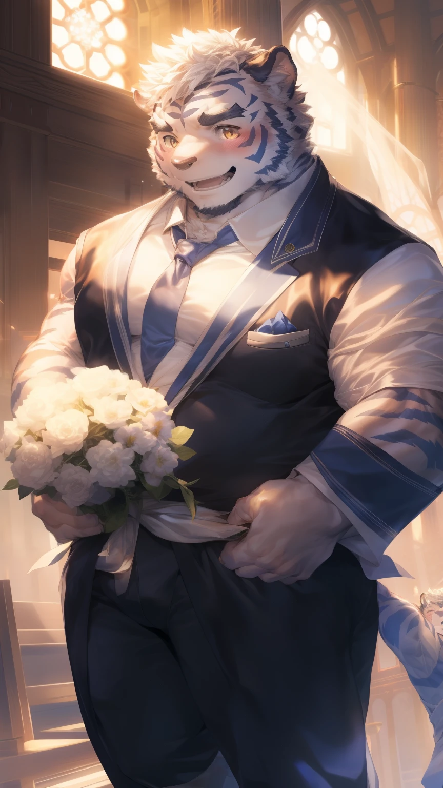 (through empty ghost, From thebigslick, through dark gems, Will chase), Keyuan Tower (Onmyoji Daisenji Temple), High quality photos, Perfect anatomical structure, Anthropomorphic white tiger, Men, 26 years old, thick eyebrows, (short hair:1.5), Light blue stripes, tall, strong, bridegroom, White shirt, Black suit suit, Open neckline, Small bump, Holding a bouquet of white flowers, 站在church门口, A shallow laugh, Shy expression, blush, Golden pupils, Looking at the audience, Clear facial features, strong, Solitary, solo, Half sideways，Top view, Full body image, church, White Dove, Correct gestures