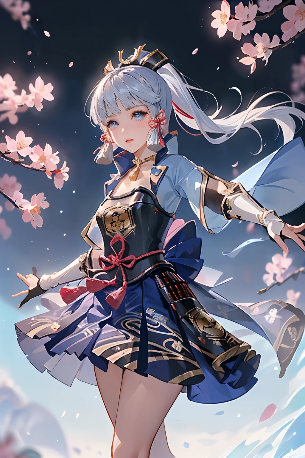 masterpiece, highest quality, ((kamisato ayaka_Genshin Impact)),((1girl,long hair,blue hair,ponytail,hair ribbon, hair ornament,mole under eye, blue eyes,breastplate,armor, short sleeves,japanese clothes,blue skirt, tassel,gloves, arm guards,)),((Fantastic background、whirlwind、cherry blossoms)),Dancing
