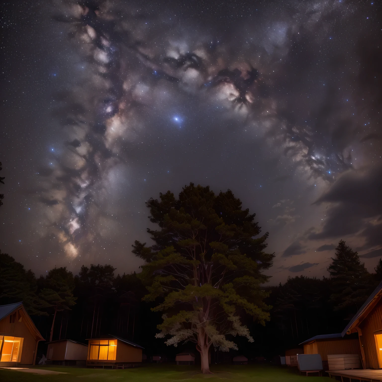 wood々Starry sky above a row of huts surrounded by trees, milky way light, Sigma 2.Shot at f1.0mm. 4, Starry Night, milky way, There&#39;s a milky way in the sky, ISO 1 0 0 Wide View, 空のmilky way, Night Sky Photos, Astrophotography, shot with a canon 20mm lens