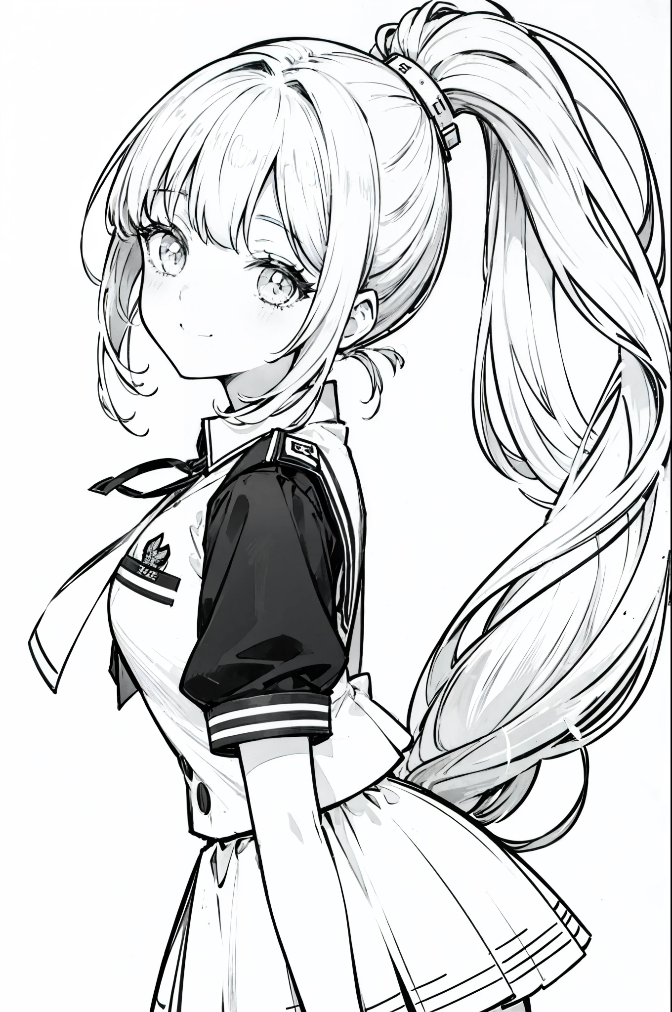 Black and white line art style，High ponytail on the left，Back Angle，Turn back，smile、uniform、high school girl,solo、one person、(Simple Background)