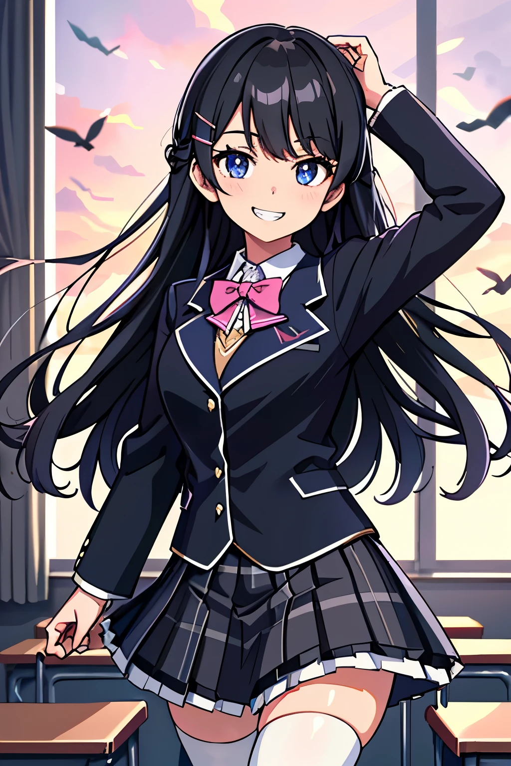 best quality, masterpiece, grin, tsukino mito, long hair, black hair, blazer, black jacket, hairclip, hair ornament, white thighhighs, bangs, pleated skirt, pink bow, long sleeves, collared shirt, white shirt, blue eyes, plaid skirt, black skirt, (wind blow up the skirt:1.2), in classroom at evening