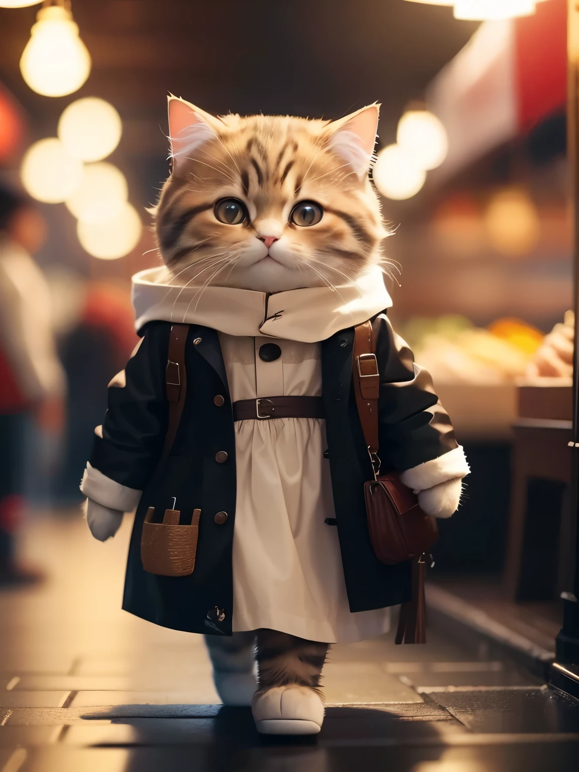 Fluffy brown cat, Highly detailed cat and fur, Wearing a dark brown long winter coat, Roaming the Chinese market, highly detailed image, Kodak 400, atmospheric light, 50mm lens, (Cat's detailed eyes and features) Realistic cats, 8K