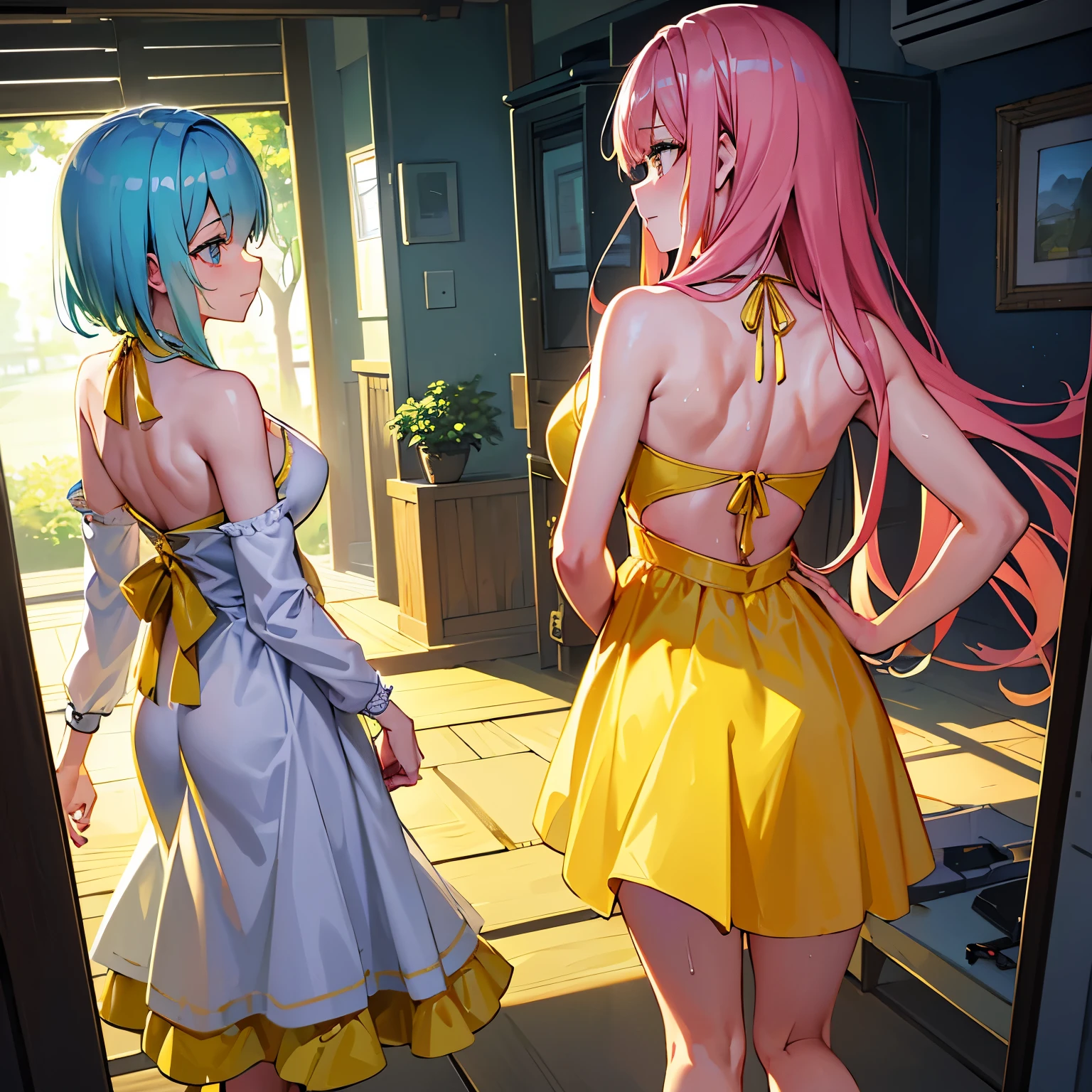 (Very detailed CG ユニティ 8k 壁紙)、(masterpiece)、(highest quality)、(Very detailed)、(Best illustrations)、(Best Shadow)、3 people、noon、Clear skies、Lush green park、((squirt))、（Obi、Bright hair color、blue、Long Hair、Beautiful dress、Big Breasts）、（Bright hair color、yellow、yellowい瞳、Long Hair、Messy wavy hair、Beautiful dress）、（Back view、In front、back、back、Bright hair color、Pink、bikini、short hair）、high resolution、Sweat、Bright hair color、Shiny skin、Shiny texture