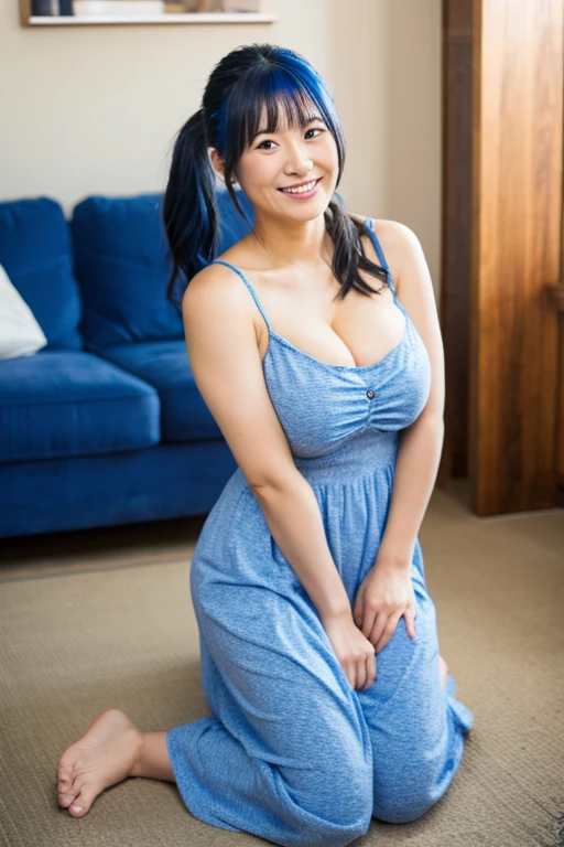 1girl, solo, blush, at room, ,looking at viewer, smile, full body ,rinko_a, big breasts, milf, married woman, blue hair, long hair, pulled back in a low ponytail,,sukumizu, sukumizu