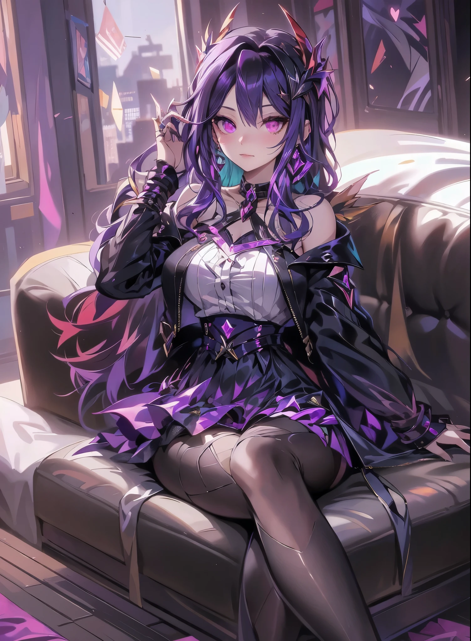 Absurdres masterpiece HDR high quality picture of realistic, 1girl, purple hair, teal eyes, hatsune miku, Disney style evil queen, castle, light particles, light rays from window, wallpaper,