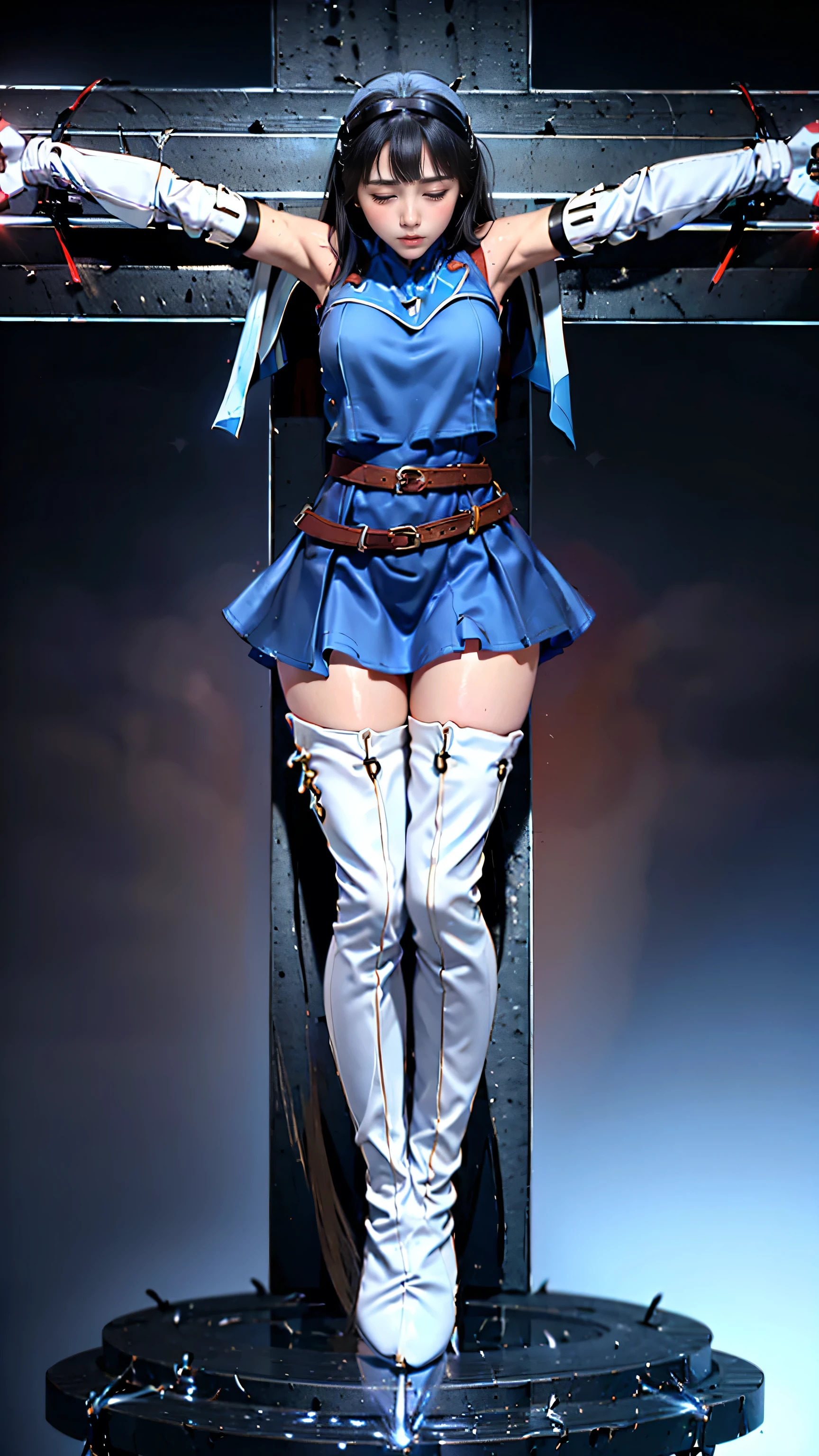 Women Define the Body,Black-haired,18-year-old,Large Breasts,Supergirl Costume,White panties: 1.3,White bra,((Knee-high blue boots: 1.5)),((Glossy blue costume: 1.25)),((Elbow-length blue leather gloves: 1.35)),((White thigh-high socks: 1.35)),Gloss,8K,highest quality,Pubic hair is visible,((Red Mini Cape)),((((A simple sleeveless blue dress))))、belt、Metal fittings to secure the ends of the belt,Detailed depiction of the hand: 1.35,no make look: 1.4,standing: 1.5,perfect fingers:1.2,beautiful fingers:1.2,The light that enveloped her body:1.2, Particles of light:1.3,spread arms:1.3,Plasma light on the palm:1.2,open legs:1.3,headshot:1.3,dynamic pose:1.3,((Crucifixion))，(cross)，syncope，((Woman in crucifixion at the cross:1.5)),crucifixion刑:1.5，Torn costume:1.2，Tattered clothes,closed eyes:1.2,looking away:1.2,Shackles:1.2,pain:1.2,power lines,(((electricity,electric shock:1.5,electrokinesis,light background))),electic aura:1.5,psychic:1.5,plasma:1.5,