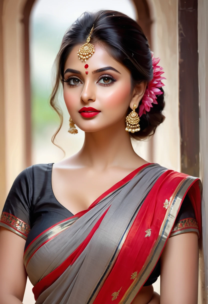 perfect pink eyes, fantastic face, Indian, beautiful look, ((red lips, bright eyes, curve heir 1.5)), ((beautiful details very big breast )), (Straight round and ultra huge clevage, not sagging breast), A glorious gorgeous, glorious gorgeous face, pretty face, bright eyes, detailed elegant printed red saree, updo elegant hair, blurred gray tones background, ultra focus, face ilumined, face detailed, 8k resolution, painted, dry brush, brush strokes, razumov style and garmash style, by Tokaito, ((Full Open )), full body, sexy open thin belly,